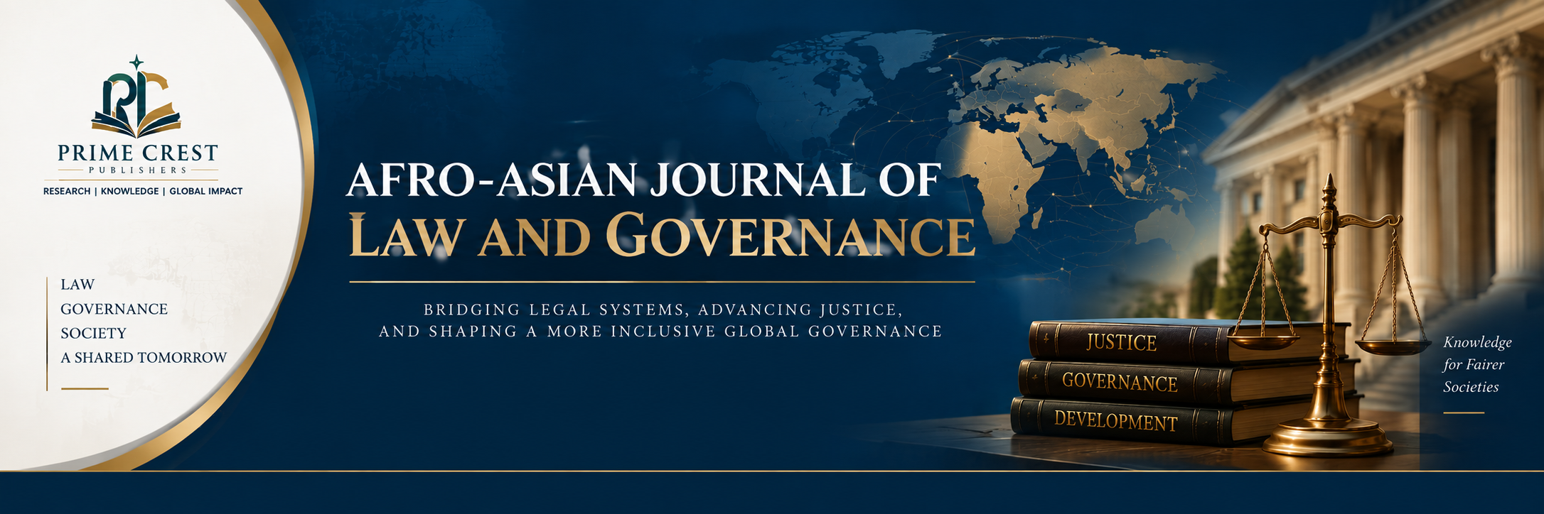 Afro-Asian Journal of Law and Governance banner featuring Prime Crest Publishers branding, an Africa–Asia world map, legal scales, law books and institutional architecture.